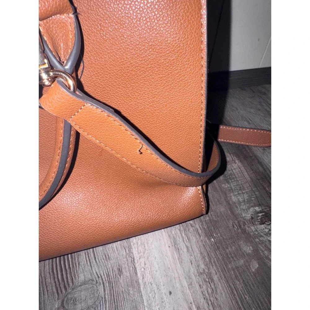 Nine West Cognac Brown Faux Leather Suede Trim Satchel Crossbody Handbag